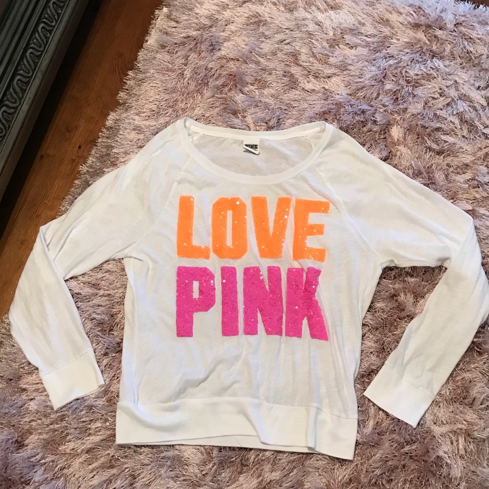 NEW Victoria Secret PINK “LOVE PINK” Long Sleeve With Sequin White Shirt Size M